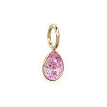 Load image into Gallery viewer, Pink Tourmaline 7mm 14k Yellow Solid Gold Charm Pendant Bezel Jewelry Finding / October Birthstone / Pink Gemstone / Pear Cut Amulet
