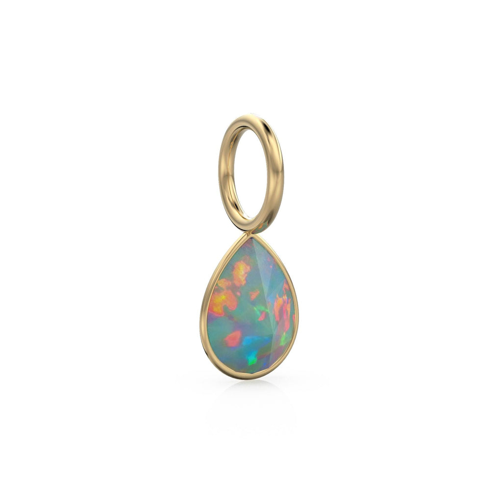 Ethiopian Opal 7mm 14k Yellow Solid Gold Charm Pendant Bezel Jewelry Finding / October Birthstone / Welo Fire Opal Gemstone / Pear Cut