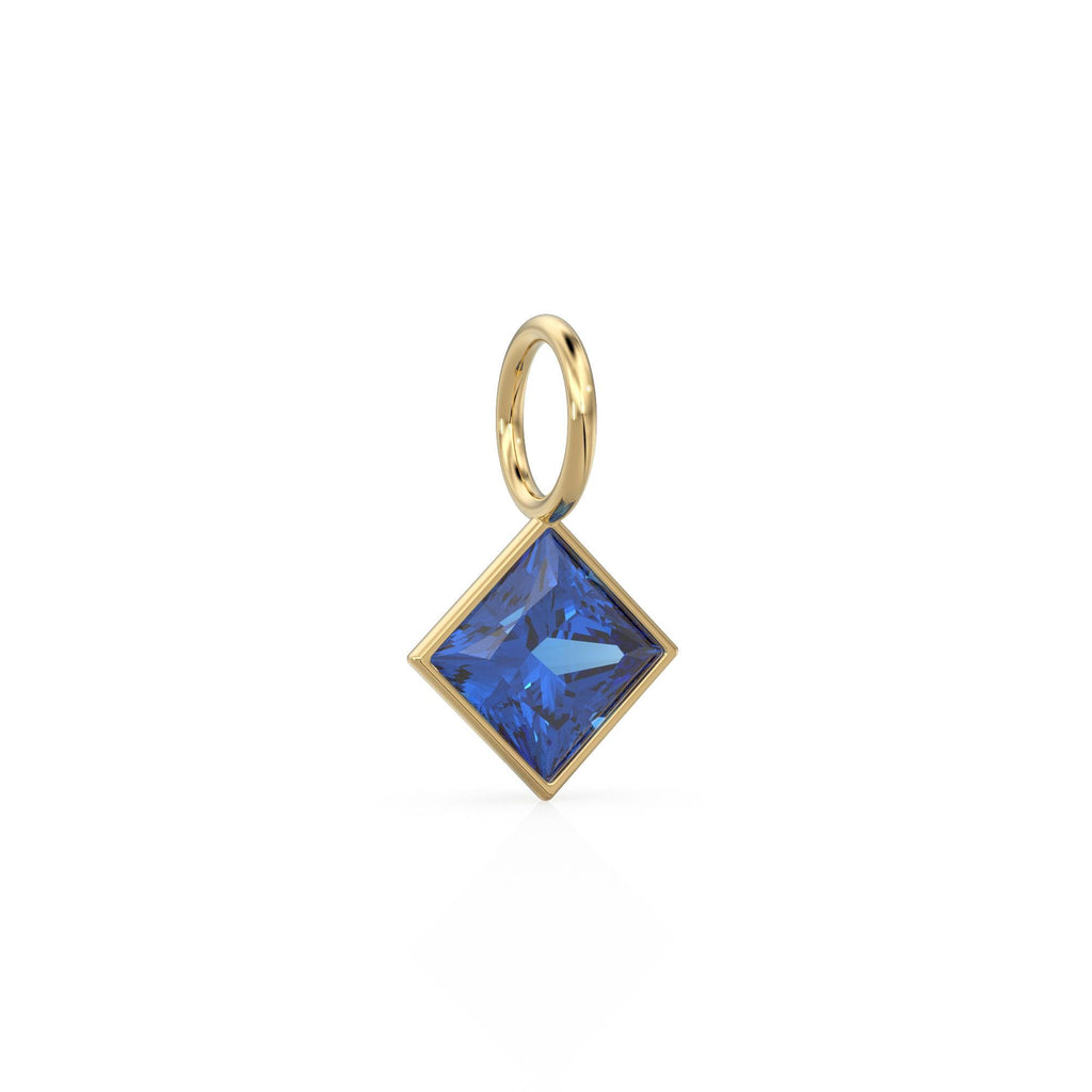 Blue Sapphire 5mm 14k Yellow Solid Gold Charm Pendant Bezel Jewelry Finding / September Birthstone / Princess Cut Blue Gemstone / Valentines