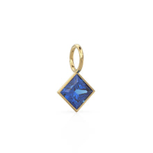 Load image into Gallery viewer, Blue Sapphire 5mm 14k Yellow Solid Gold Charm Pendant Bezel Jewelry Finding / September Birthstone / Princess Cut Blue Gemstone / Valentines