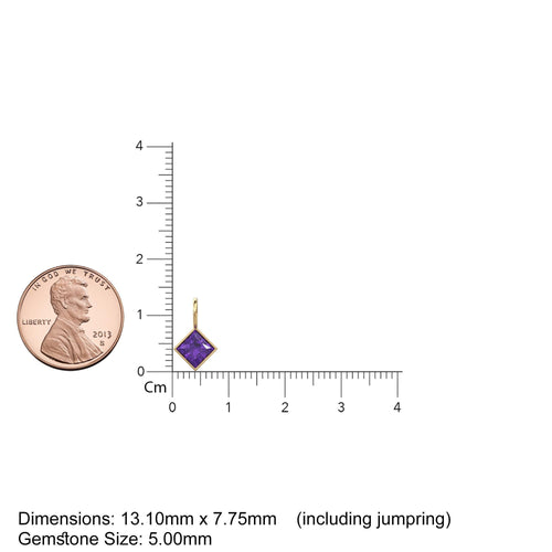 African Amethyst 5mm 14k Yellow Solid Gold Charm Pendant Bezel Jewelry Finding / September Birthstone / Princess Cut Purple Gemstone