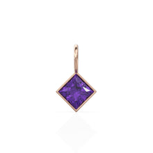 Load image into Gallery viewer, African Amethyst 5mm 14k Yellow Solid Gold Charm Pendant Bezel Jewelry Finding / September Birthstone / Princess Cut Purple Gemstone