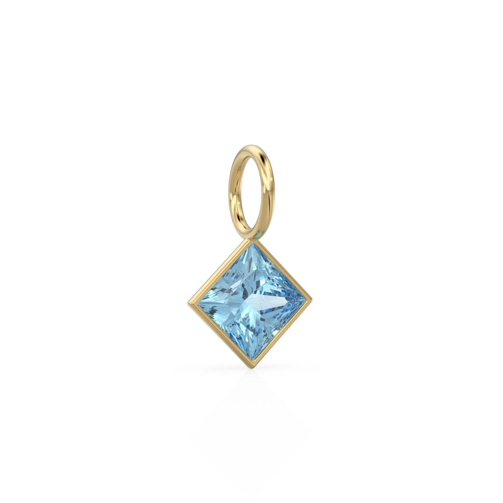 Aquamarine 5mm 14k Yellow Solid Gold Charm Pendant Bezel Jewelry Finding / March Birthstone / Princess Cut Blue Gemstone /