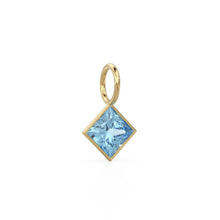 Load image into Gallery viewer, Aquamarine 5mm 14k Yellow Solid Gold Charm Pendant Bezel Jewelry Finding / March Birthstone / Princess Cut Blue Gemstone /