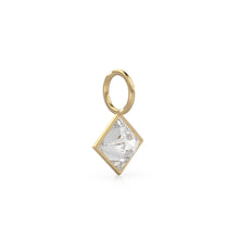 Load image into Gallery viewer, White Quartz 5mm 14k Yellow Solid Gold Charm Pendant Bezel Jewelry Finding / April Birthstone / Princess Cut Clear Gemstone / Rock Crystal