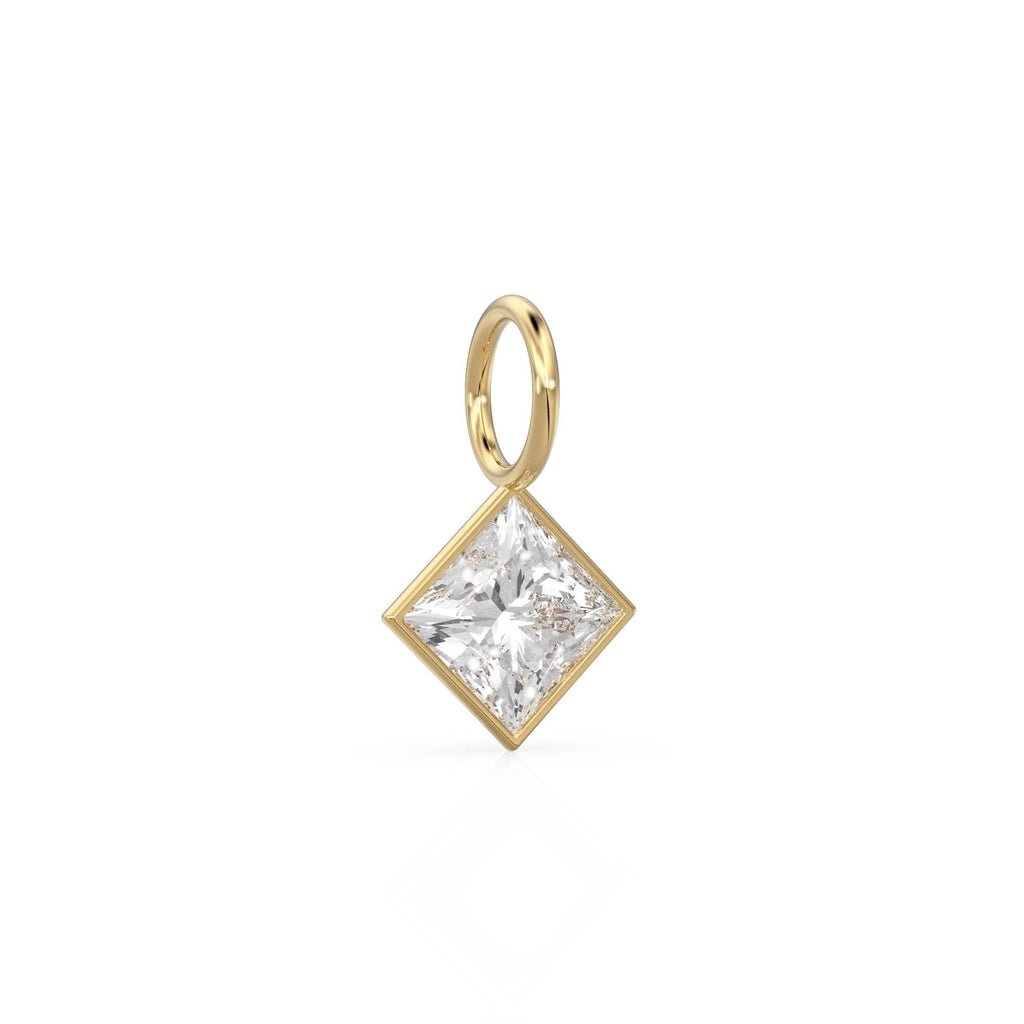 White Quartz 5mm 14k Yellow Solid Gold Charm Pendant Bezel Jewelry Finding / April Birthstone / Princess Cut Clear Gemstone / Rock Crystal