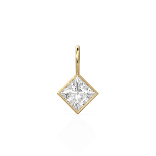 White Quartz 5mm 14k Yellow Solid Gold Charm Pendant Bezel Jewelry Finding / April Birthstone / Princess Cut Clear Gemstone / Rock Crystal