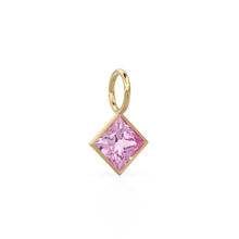 Load image into Gallery viewer, Tourmaline 5mm 14k Yellow Solid Gold Charm Pendant Bezel Jewelry Finding / October Birthstone / Princess Cut Pink Gemstone /