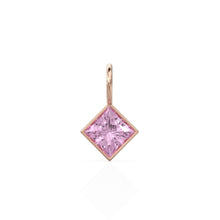 Load image into Gallery viewer, Tourmaline 5mm 14k Yellow Solid Gold Charm Pendant Bezel Jewelry Finding / October Birthstone / Princess Cut Pink Gemstone /