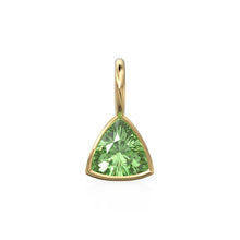 Load image into Gallery viewer, Peridot 5mm 14k Yellow Solid Gold Charm Pendant Bezel Jewelry Finding / August Birthstone / Trillion Cut Green Gemstone / Olivine Gift
