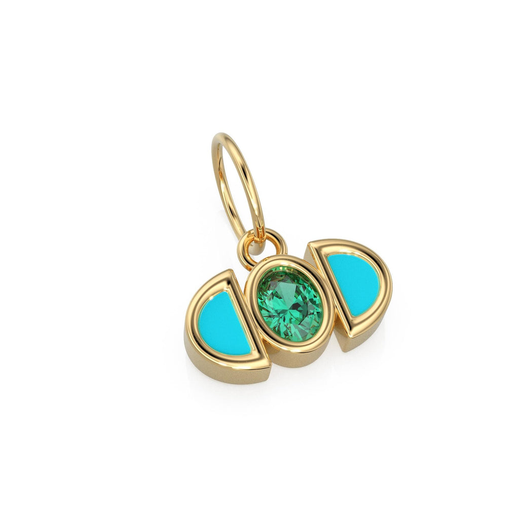 Zambian Emerald Blue Turquoise 14k Solid Gold Charm Pendant Bezel Jewelry Finding / May Birthstone / Green Gemstone / Art Deco Amulet