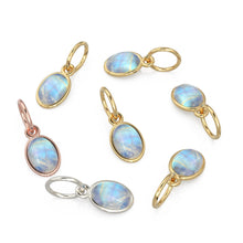 Load image into Gallery viewer, Rainbow Moonstone Oval Cabochon Solid Gold Charm / Fire Gemstone Handmade Gold Pendant / 1pc 14k Solid Yellow Gold Jewelry Making Findings