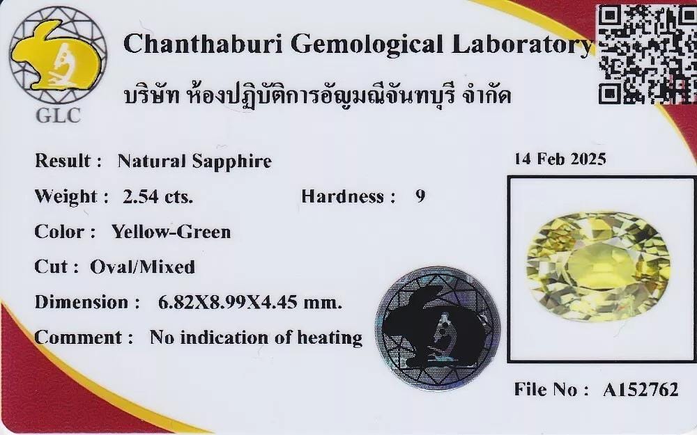 Certified 2.54ct VS Oval Yellow Green Sapphire - Unheated, Songea Tanzania Gem