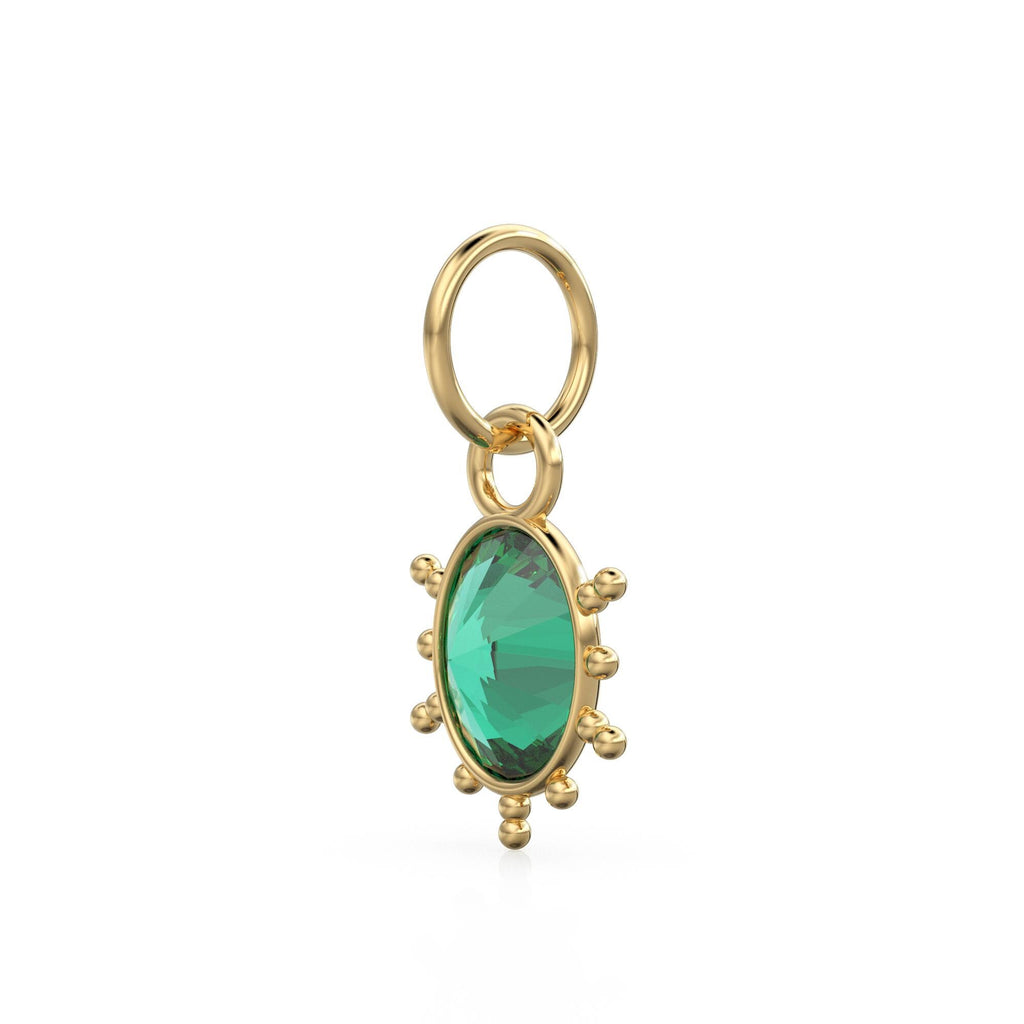 Zambian Emerald Oval Tribal Solid Gold Charm / Green Gemstone Handmade Gold Pendant / 1pc 14k Solid Gold Antique Jewelry Making Findings