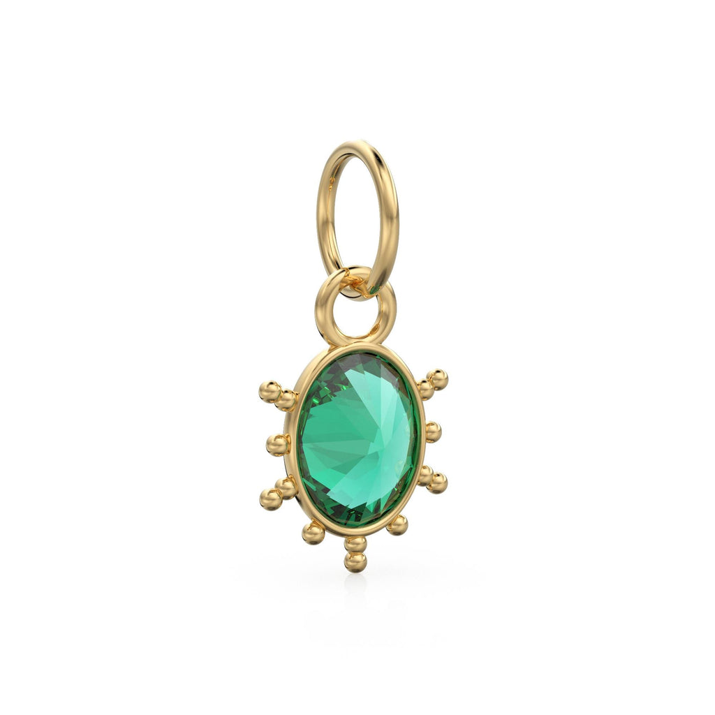 Zambian Emerald Oval Tribal Solid Gold Charm / Green Gemstone Handmade Gold Pendant / 1pc 14k Solid Gold Antique Jewelry Making Findings