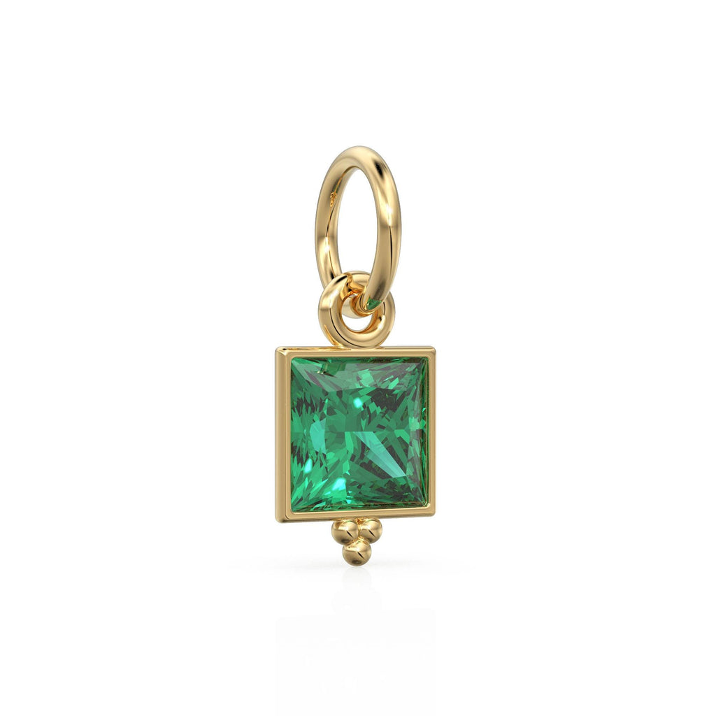 Zambian Emerald Princess Cut Solid Gold Charm Bezel Jewelry Finding / May Birthstone / Green Gemstone / Minimalist Tiny Stackable Pendant