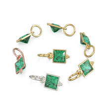 Load image into Gallery viewer, Zambian Emerald Princess Cut Solid Gold Charm Bezel Jewelry Finding / May Birthstone / Green Gemstone / Minimalist Tiny Stackable Pendant