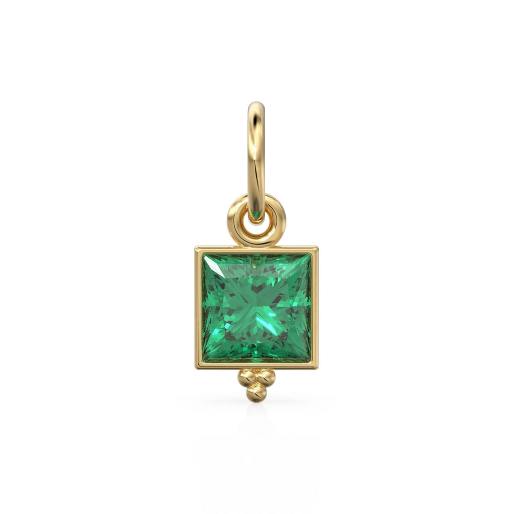 Zambian Emerald Princess Cut Solid Gold Charm Bezel Jewelry Finding / May Birthstone / Green Gemstone / Minimalist Tiny Stackable Pendant