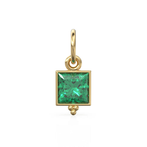 Zambian Emerald Princess Cut Solid Gold Charm Bezel Jewelry Finding / May Birthstone / Green Gemstone / Minimalist Tiny Stackable Pendant