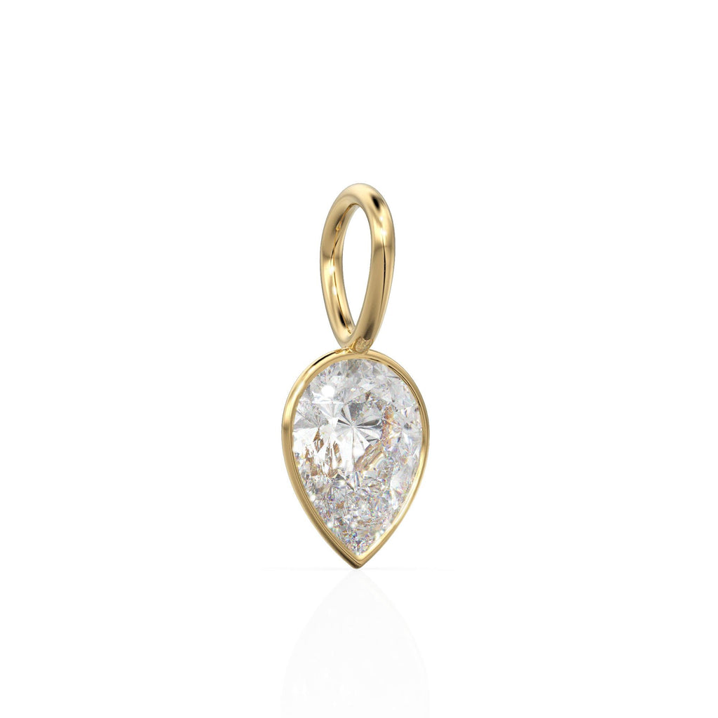 White Quartz 14k Yellow Solid Gold Charm Pendant Bezel Jewelry Finding / April Birthstone / 7mm White Gemstone / Rock Crystal Pear Cut