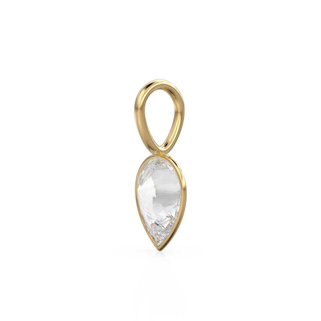 White Quartz 14k Yellow Solid Gold Charm Pendant Bezel Jewelry Finding / April Birthstone / 7mm White Gemstone / Rock Crystal Pear Cut