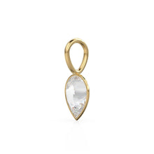 Load image into Gallery viewer, White Quartz 14k Yellow Solid Gold Charm Pendant Bezel Jewelry Finding / April Birthstone / 7mm White Gemstone / Rock Crystal Pear Cut