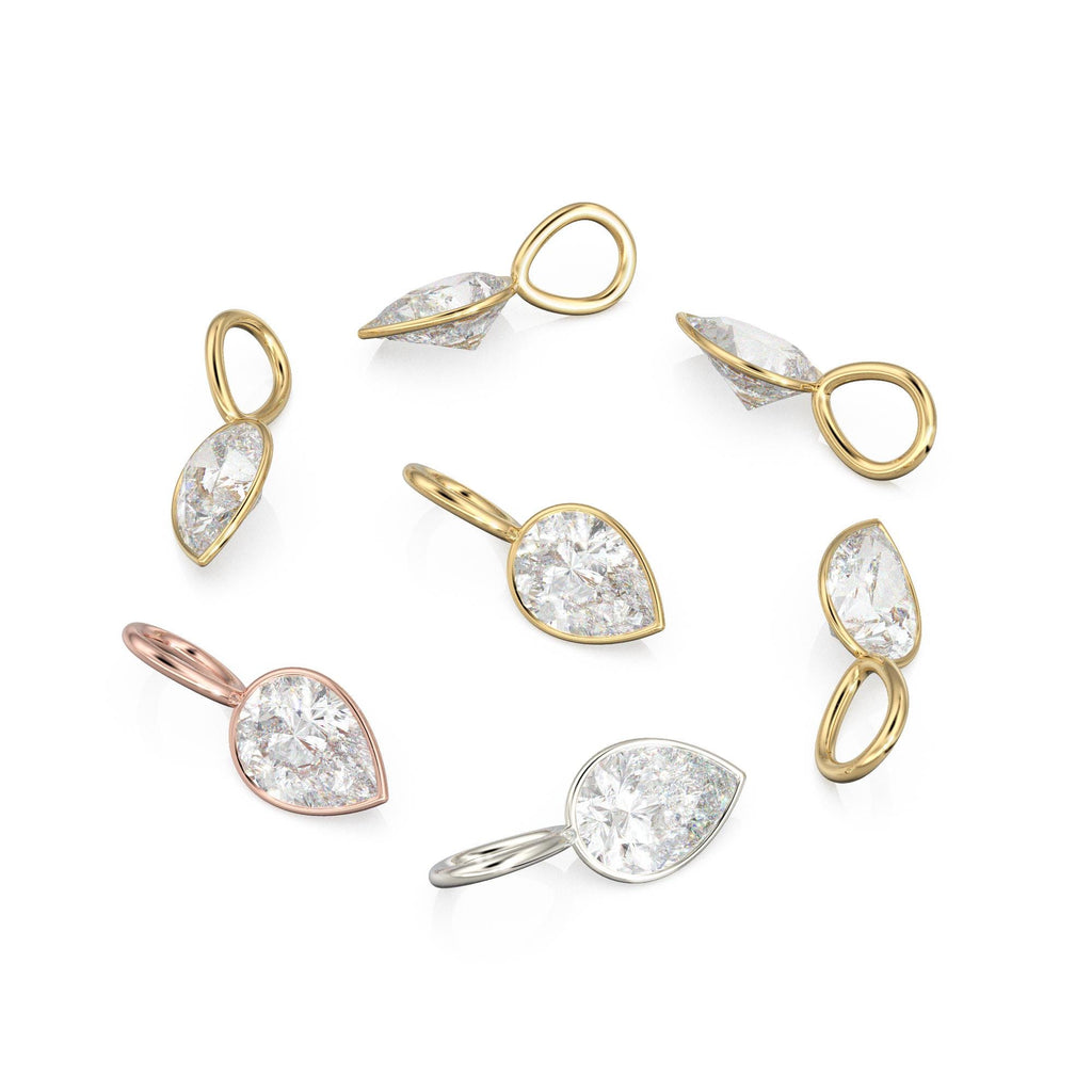 White Quartz 14k Yellow Solid Gold Charm Pendant Bezel Jewelry Finding / April Birthstone / 7mm White Gemstone / Rock Crystal Pear Cut