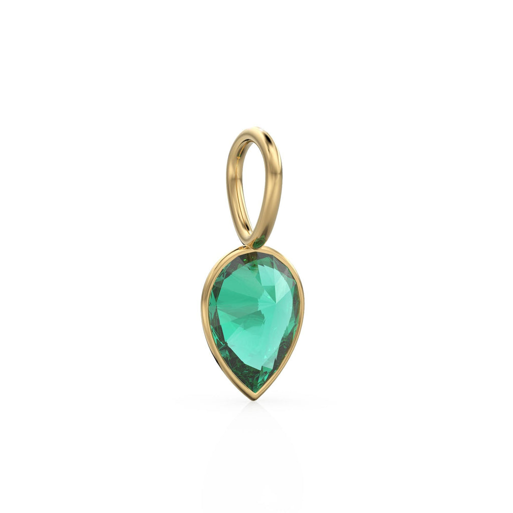 Columbian Emerald 14k Yellow Solid Gold Charm Pendant Bezel Jewelry Finding / May Birthstone / 7mm Green Gemstone / Natural Pear Cut Jewelry