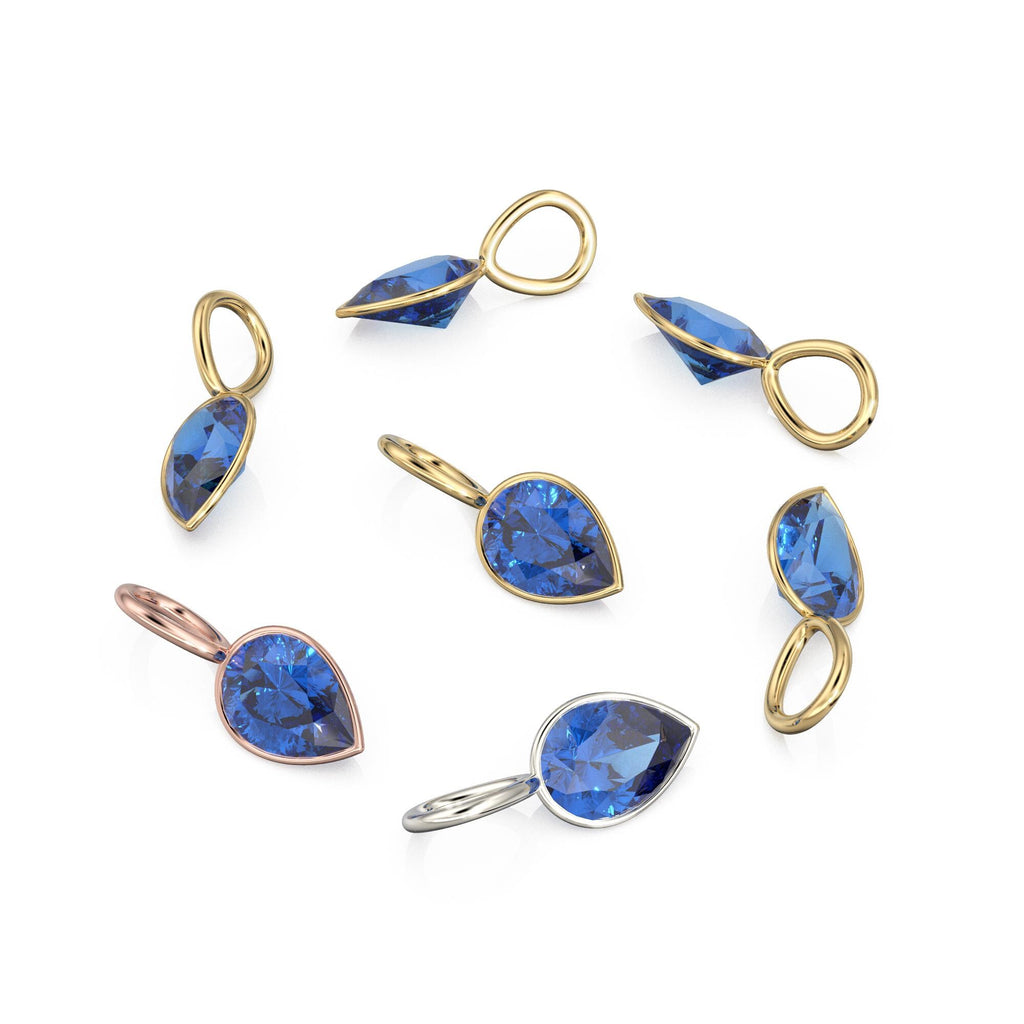 Sri Lanka Sapphire 14k Yellow Solid Gold Charm Pendant Bezel Jewelry Finding / September Birthstone / 7mm Blue Gemstone / Pear Cut Jewelry