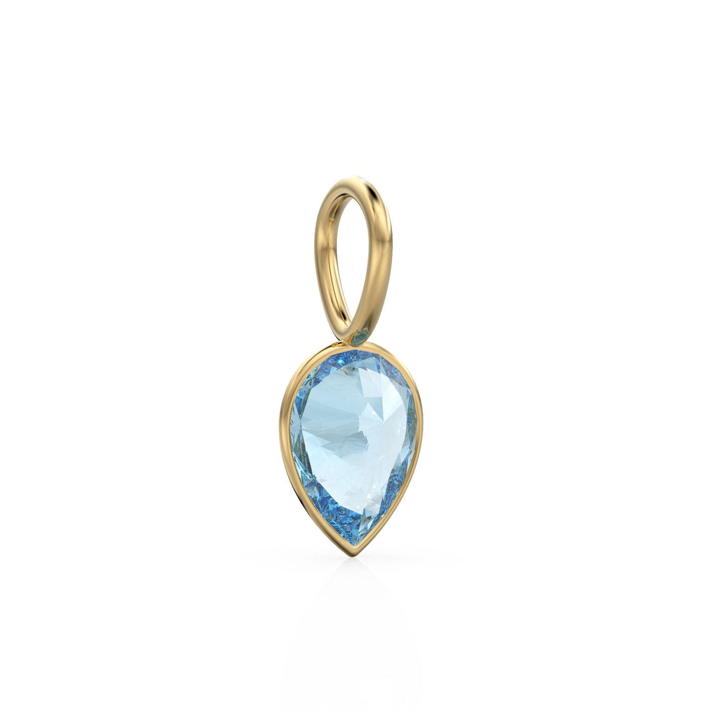 Santa Maria Aquamarine 14k Yellow Solid Gold Charm Pendant Bezel Jewelry Finding / March Birthstone / 7mm Blue Gemstone / Pear Cut Jewelry