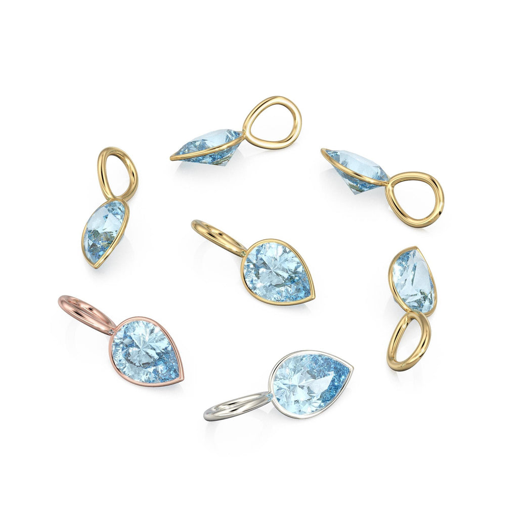 Santa Maria Aquamarine 14k Yellow Solid Gold Charm Pendant Bezel Jewelry Finding / March Birthstone / 7mm Blue Gemstone / Pear Cut Jewelry