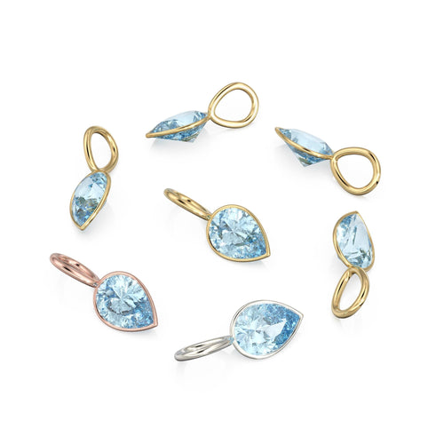 Santa Maria Aquamarine 14k Yellow Solid Gold Charm Pendant Bezel Jewelry Finding / March Birthstone / 7mm Blue Gemstone / Pear Cut Jewelry