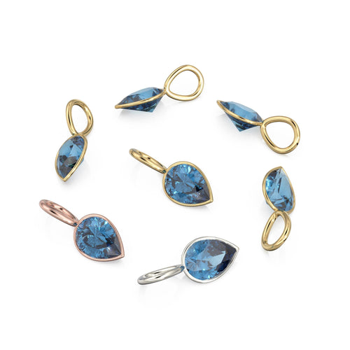 London Blue Topaz 14k Yellow Solid Gold Charm Pendant Bezel Jewelry Finding / December Birthstone / 7mm Blue Gemstone / Pear Cut Jewelry