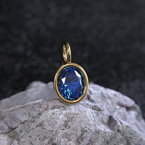 2ct Blue Sapphire Solid Gold Charm / Round Bezel Set September Birthstone / 14k Yellow Gold Blue Gem Pendant for Necklace or Bracelet