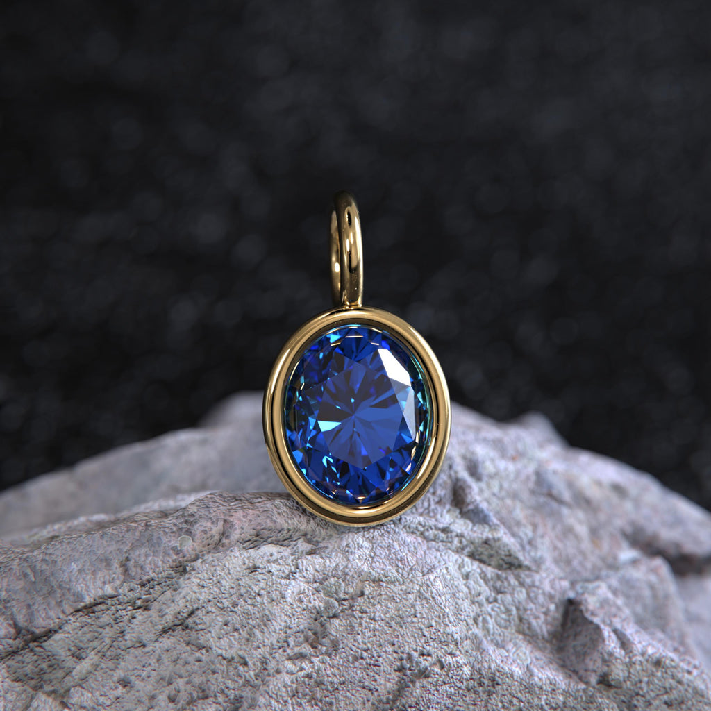 2ct Blue Sapphire Solid Gold Charm / Round Bezel Set September Birthstone / 14k Yellow Gold Blue Gem Pendant for Necklace or Bracelet