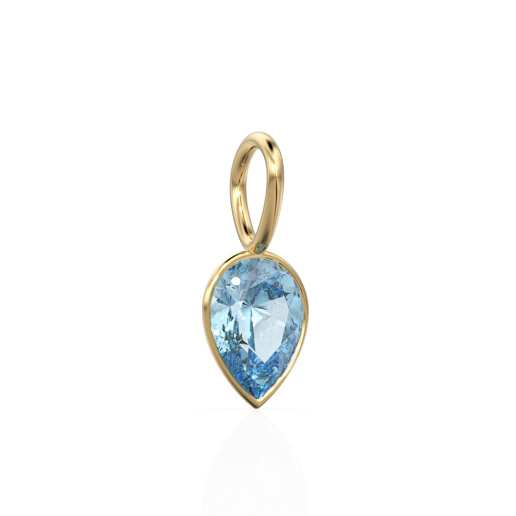 Santa Maria Aquamarine 14k Yellow Solid Gold Charm Pendant Bezel Jewelry Finding / March Birthstone / 7mm Blue Gemstone / Pear Cut Jewelry