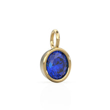 Load image into Gallery viewer, 2ct Blue Sapphire Solid Gold Charm / Round Bezel Set September Birthstone / 14k Yellow Gold Blue Gem Pendant for Necklace or Bracelet