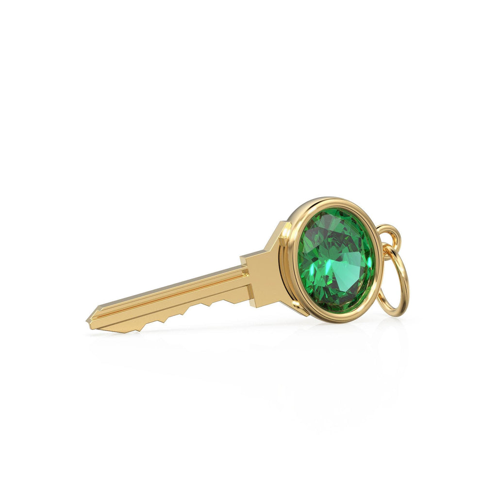 18K Solid Gold Key Charm Pendant with Natural Emerald, Key Charm, Luxury Symbolic Fine Jewelry Anniversary or Birthday Gift for her