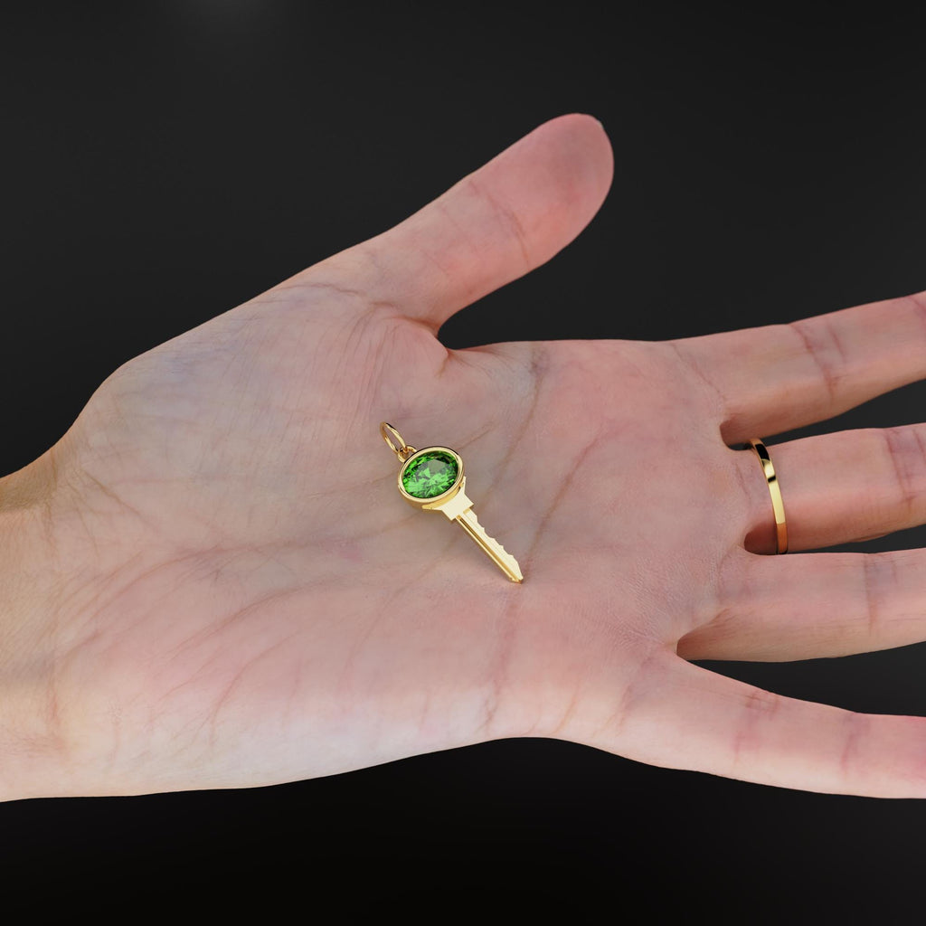 18K Solid Gold Key Charm Pendant with Natural Emerald, Key Charm, Luxury Symbolic Fine Jewelry Anniversary or Birthday Gift for her
