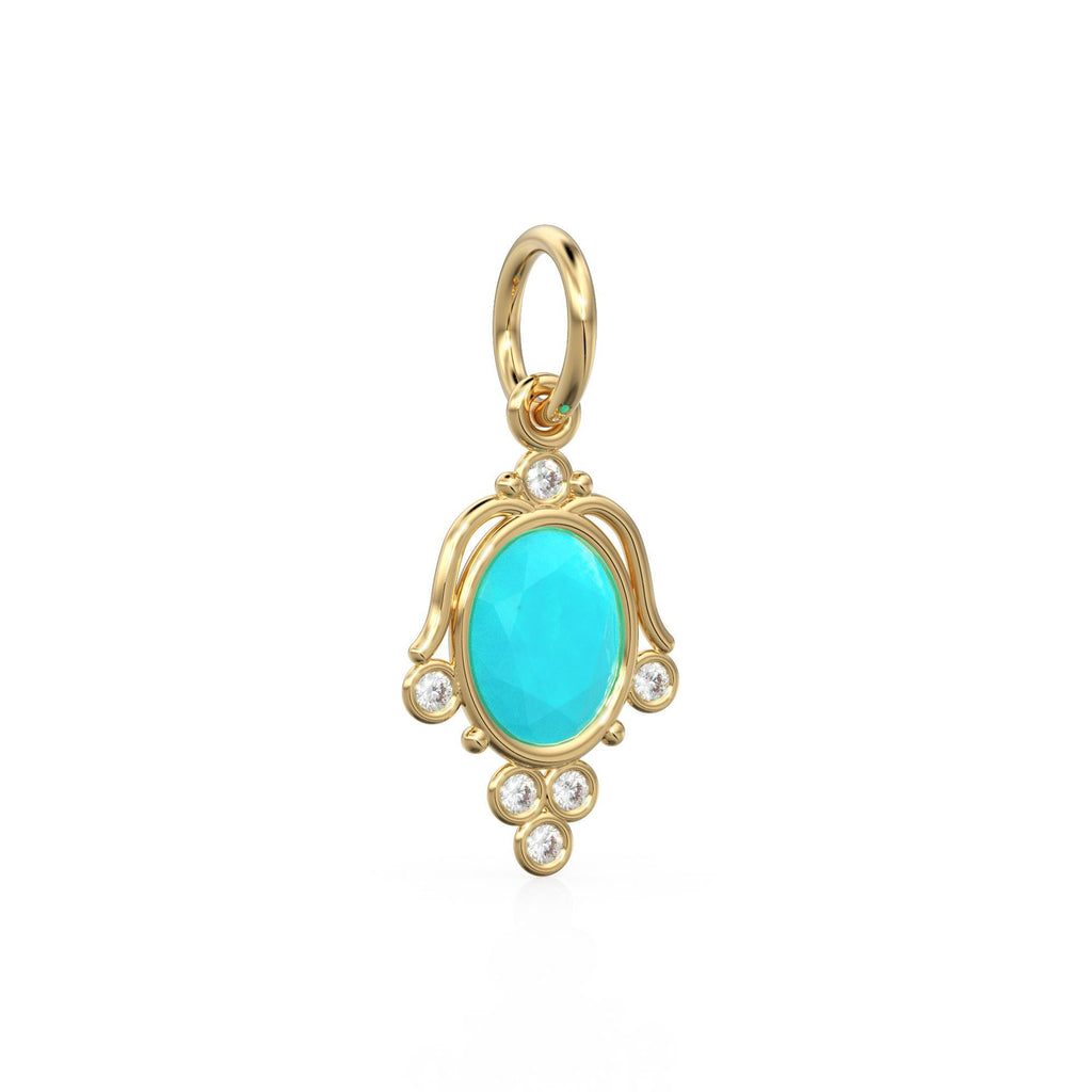 18k Gold Oval Turquoise with Diamond Pendant Necklace, 14K Turquoise Jewelry, Dainty Delicate Handmade Charm Pendant, December Birthstone