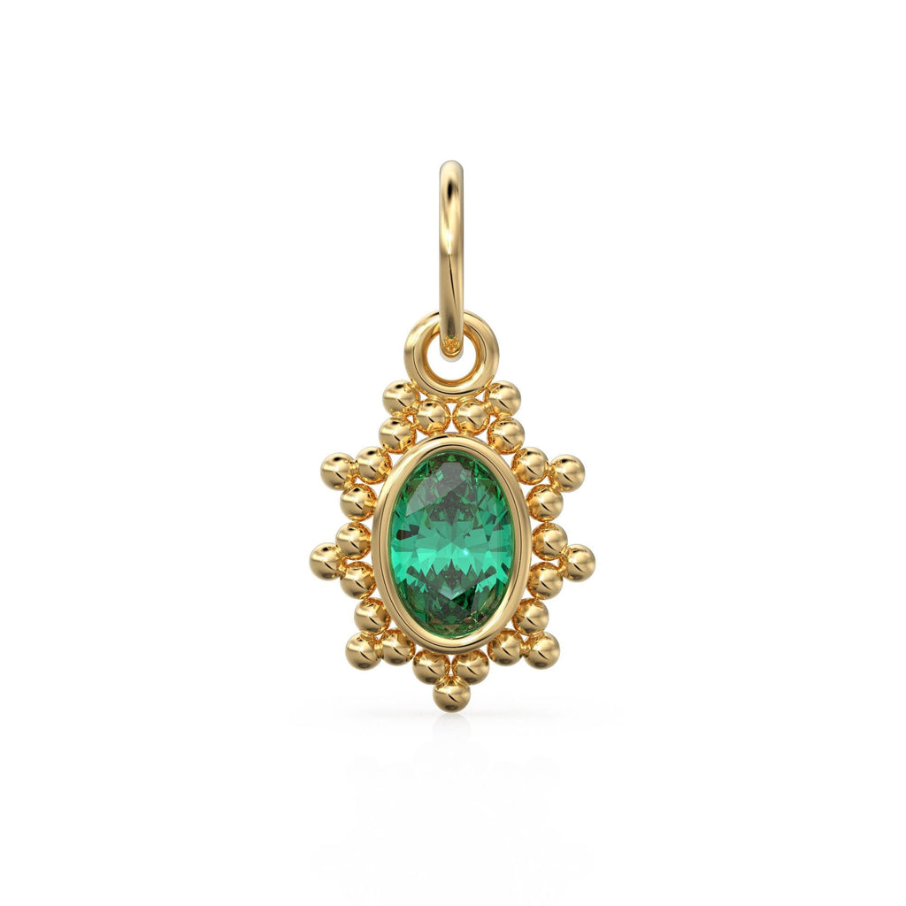 Zambian Green Oval Cut Solid Gold Charm / Precious Gemstone Gold Pendant / 14k Solid Yellow Gold May Birthstone Jewelry Making Finding