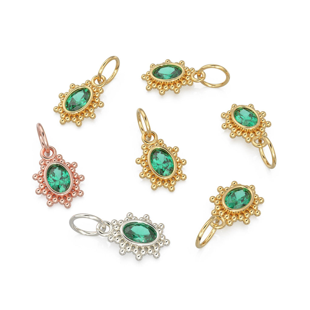 Zambian Green Oval Cut Solid Gold Charm / Precious Gemstone Gold Pendant / 14k Solid Yellow Gold May Birthstone Jewelry Making Finding