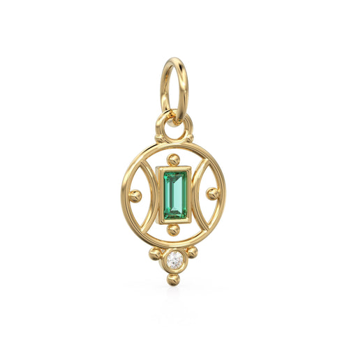 18k Emerald Baguette Gold Pendant / 14k Yellow Solid Gold Charm / Antique Tribal Handmade May Birthstone Gift for her / Diamond Gold Amulet