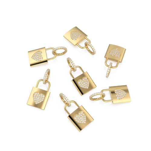 18k Solid Gold Diamond Heart Padlock Charm Pendant, Pavé Lock Pendant Heart Design, Luxury Gold Diamond Jewelry for Necklace or Bracelet