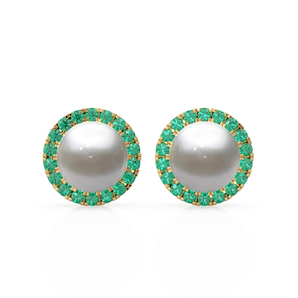 Green Emerald Gold Earring Jacket for 8mm Round Pearl Beads / 1ct Diamond / Solid Gold Diamond Earring Finding / May Birthstone Gemstone