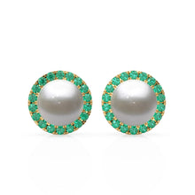 Load image into Gallery viewer, Green Emerald Gold Earring Jacket for 8mm Round Pearl Beads / 1ct Diamond / Solid Gold Diamond Earring Finding / May Birthstone Gemstone