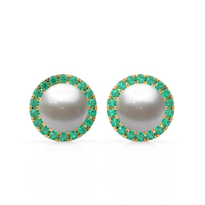 Green Emerald Gold Earring Jacket for 8mm Round Pearl Beads / 1ct Diamond / Solid Gold Diamond Earring Finding / May Birthstone Gemstone