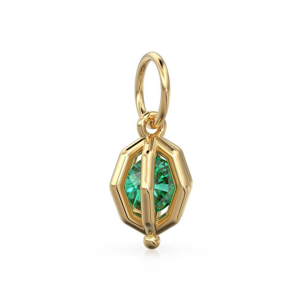 Floating Emerald Cage Pendant / Solid 14K 18K Gold Free-Set Gem Charm / Modern Geometric Orb Necklace With Suspended Stone Design