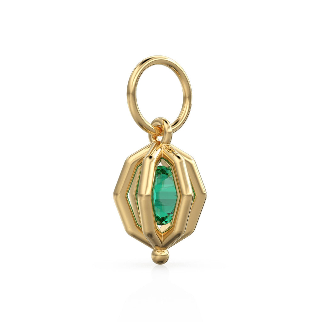 Floating Emerald Cage Pendant / Solid 14K 18K Gold Free-Set Gem Charm / Modern Geometric Orb Necklace With Suspended Stone Design