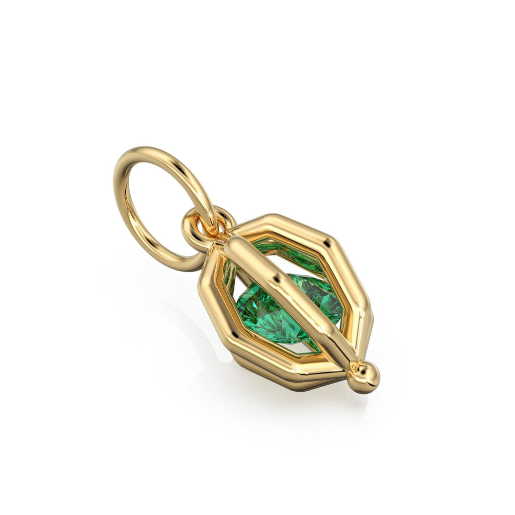 Floating Emerald Cage Pendant / Solid 14K 18K Gold Free-Set Gem Charm / Modern Geometric Orb Necklace With Suspended Stone Design